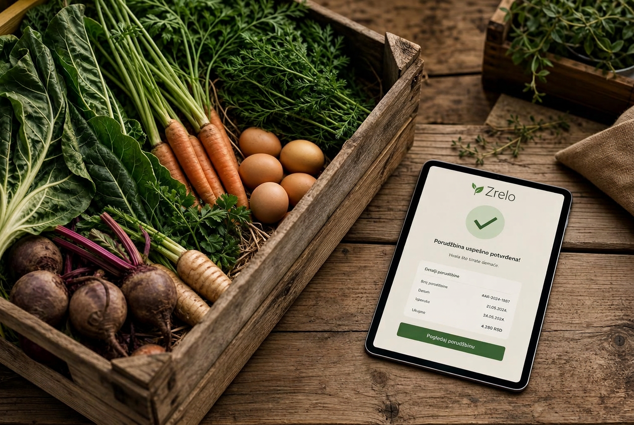 Fresh seasonal produce in a wooden farm crate next to a tablet displaying a confirmed Zrelo order